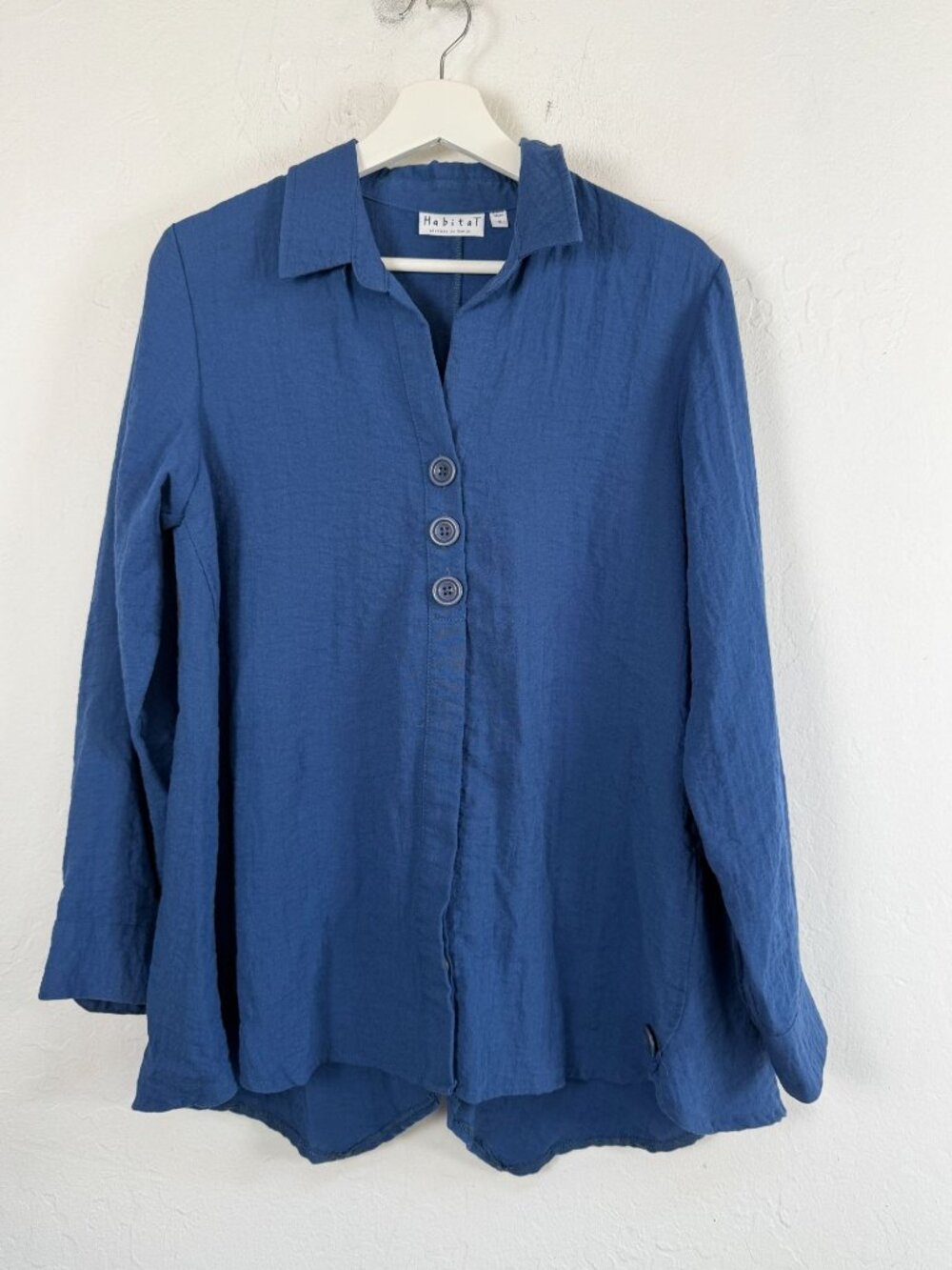 Habitat Womens Blue Crinkle Gauze Tunic Button Front Top Small Artsy Lagenlook